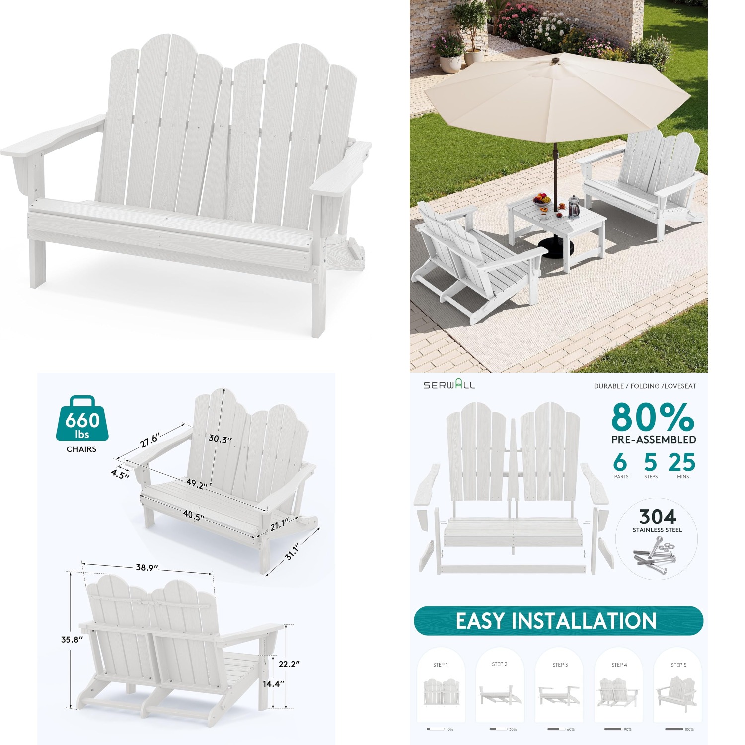 Outdoor Furniture Loveseat - Sofá Adirondack Dobrável em HDPE para